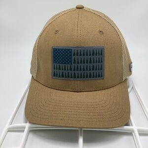 Columbia Men's Fitted Mesh Back Hat Tan Gray Size L/XL Patriotic Flag Trees Logo